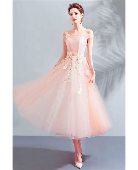 Verngo Dusty Pink Dotted Tulle Evening Party Dresses Off The Shoulder