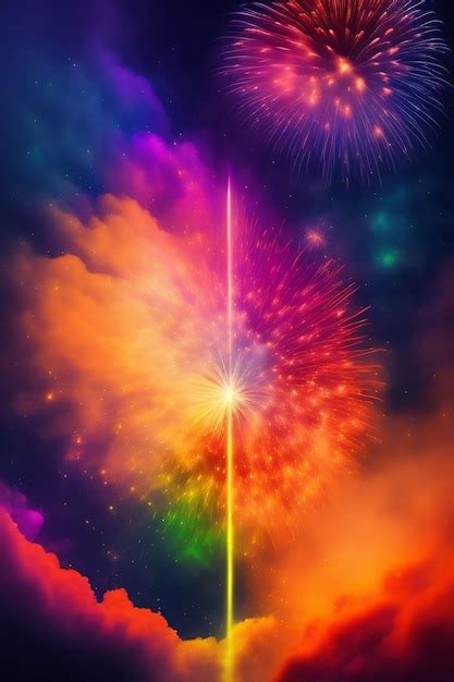 Premium Ai Image A Rainbow Fireworks With A Rainbow In The Background