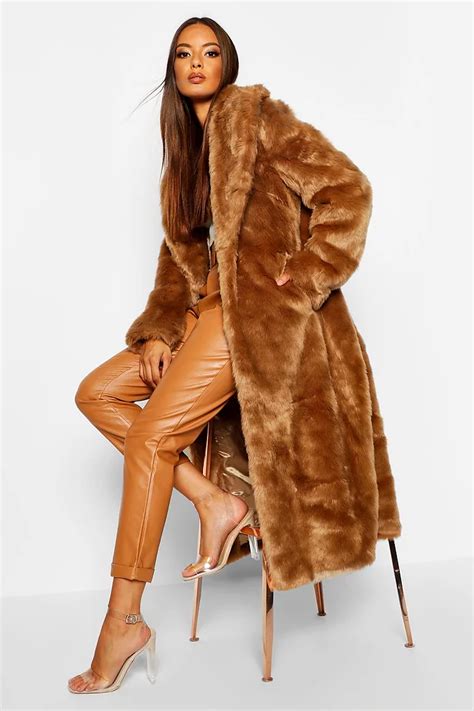 Faux Fur Longline Coat Brown Tradingbasis