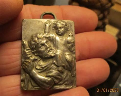 Ancienne M Daille Religieuse Plaque Saint St Christophe Portant L