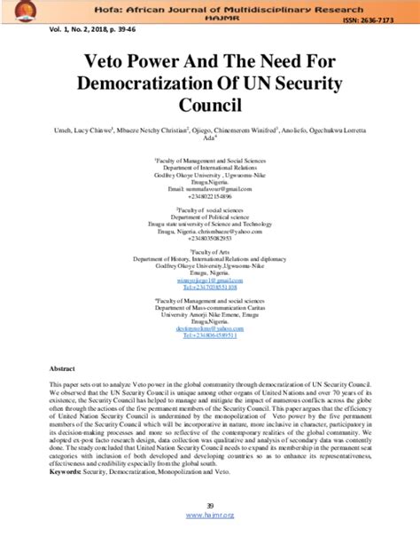 (PDF) Veto Power And The Need For Democratization Of UN Security Council