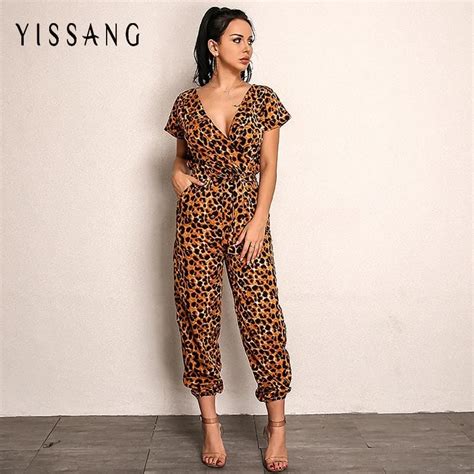 Yissang Women Leopard Print Jumpsuit For Women 2018 V Neck Long Sexy