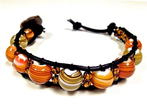 Shades Of Amber Swirl Bead Leather Woven Bracelet Bead Leather Woven