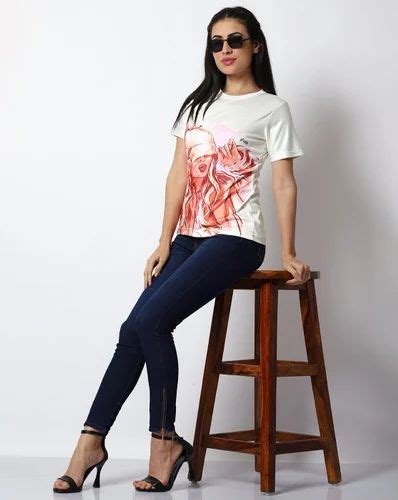 Half Sleeve Women White Printed T Shirt Casual Wear Size S Xxl At Rs