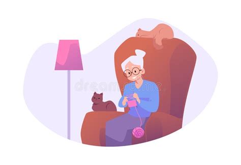 Cute Happy Grandma Sits In Chair And Knits Flat Style Vector