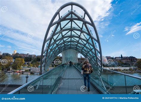 Tbilisi Georgia 05 10 2022 The Bridge Of Peace Is A Bow Shaped Pedestrian Bridge Over