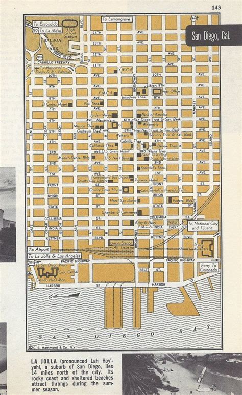 San Diego California Map City Map Street Map 1950s Brown Etsy