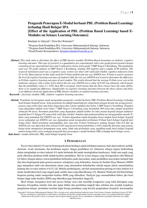 Pdf Effect Of The Application Of Pbl Problem Based Learning Based E