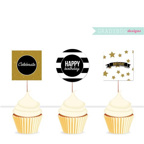 Happy Birthday Cupcake Toppers Printable Black And Gold Etsy