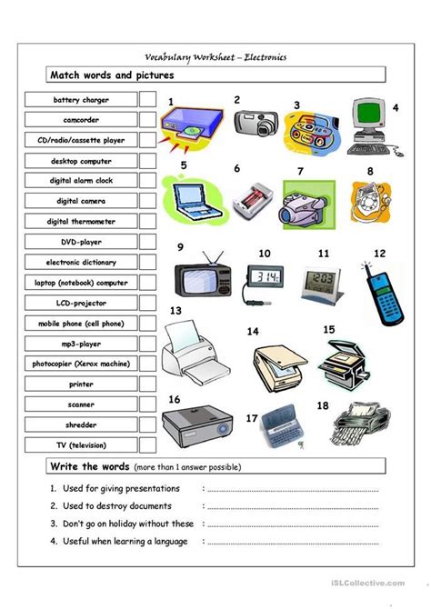 Vocabulary Matching Worksheet ELECTRONICS English ESL Worksheets