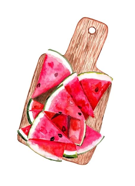 Premium Vector Watercolor Slices Of Ripe Watermelon On Cutting Board