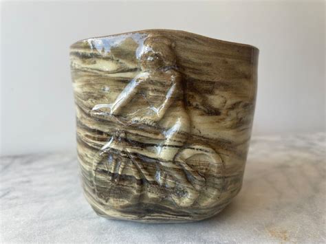 Naked Bicyclist Cup Nude Bas Relief Figure Sculpture Vessel Yunomi Teacup Mature Erotic Art