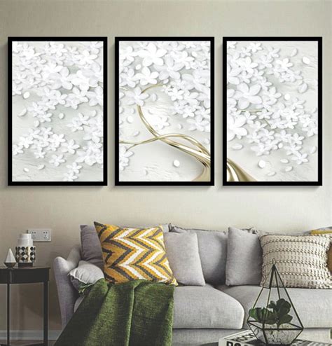 Kit 3 Quadros Decorativos Arvore Flores Dourada Sala Moldura