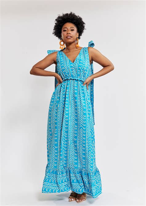 Kulale Womens African Print Maxi Dress Sky Blue Mudcloth Clearanc