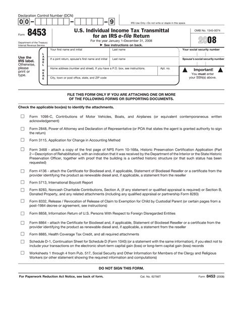 Form 8453 Us Individual Income Tax Declaration For An Irs E File