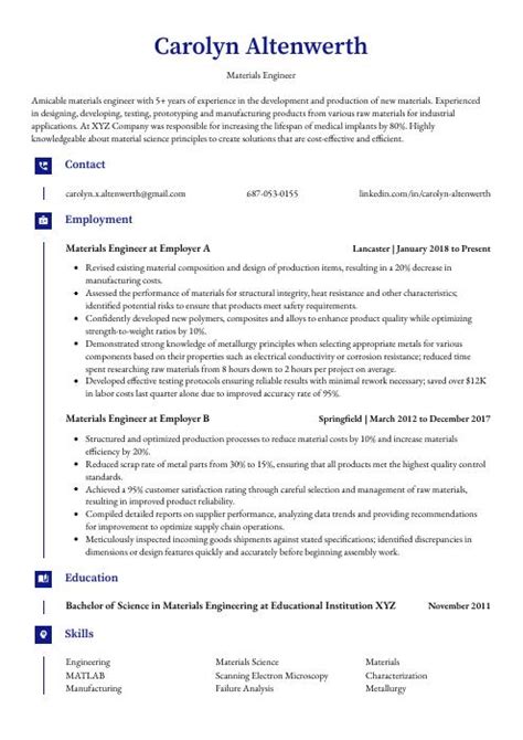 Materials Engineer Resume (CV) Example and Writing Guide