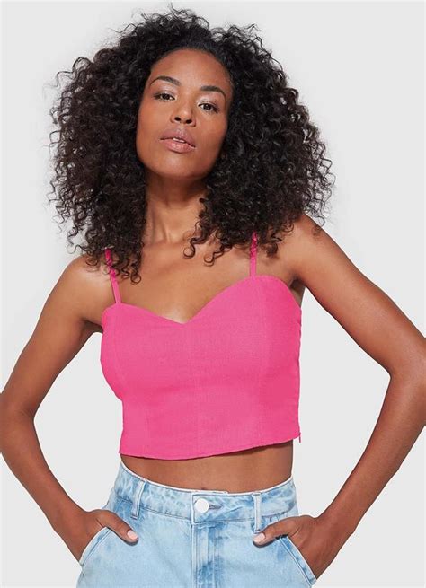 Blusa Cropped Em Viscolinho Rosa Enfim