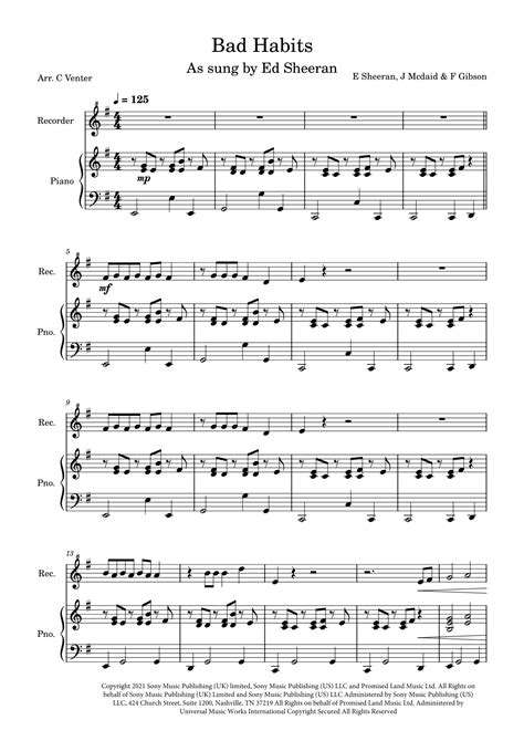 Bad Habits Arr Caroline Venter By Ed Sheeran Sheet Music For