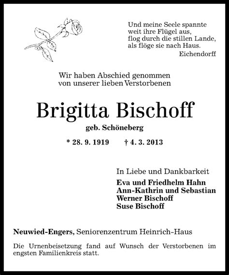 Traueranzeigen Von Brigitta Bischoff Rz Trauer De