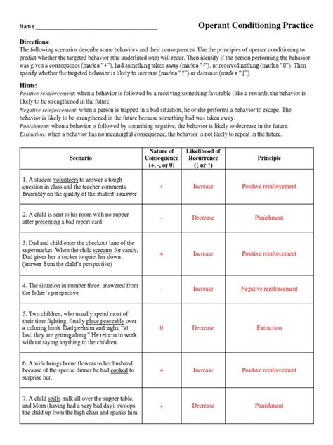 Operant Conditioning Practice Updated Key Pdf Reinforcement