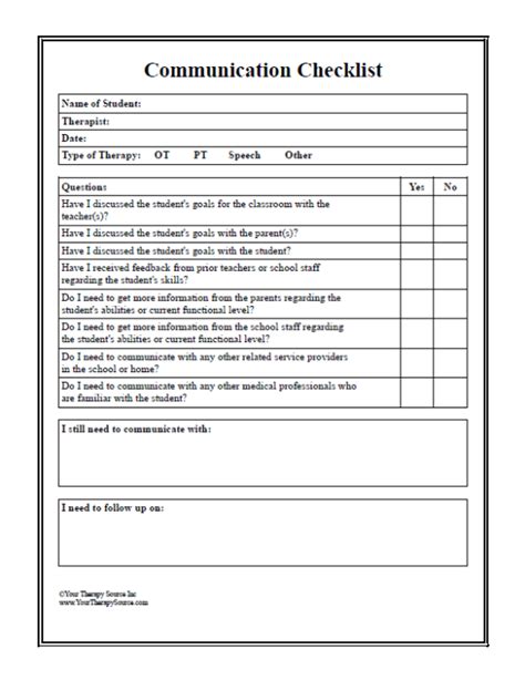 Communication Checklist Your Therapy Source