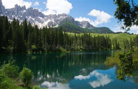 Panoramic View Of Karersee Lago Di Carezza In Front Of Latemar