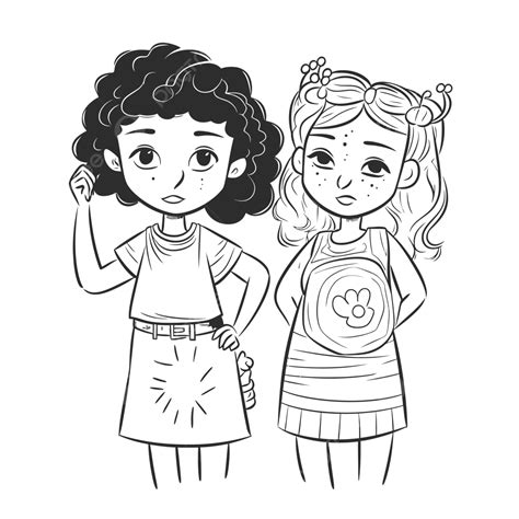 Two Girls Standing Next To Each Other Coloring Page Outline Sketch