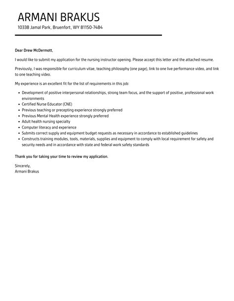 Nursing Instructor Cover Letter Velvet Jobs