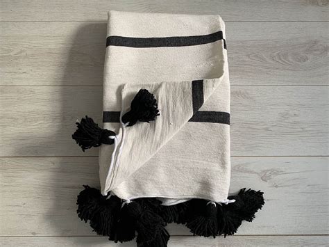 Moroccan Pom Pom Blanket - White/Black - East Unique