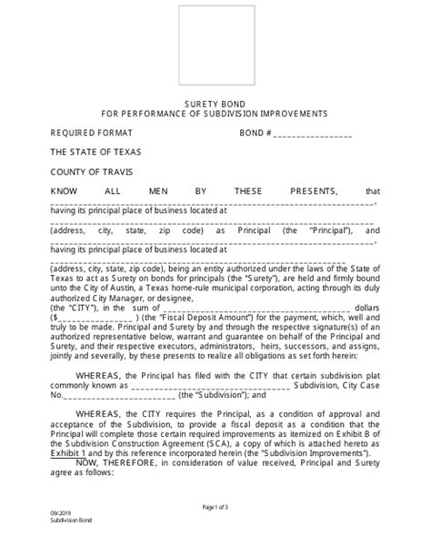 City Of Austin Texas Surety Bond For Performance Of Subdivision