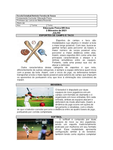 Esportes de Campo e Taco: Beisebol e Softbol | PDF | Críquete | Softbol