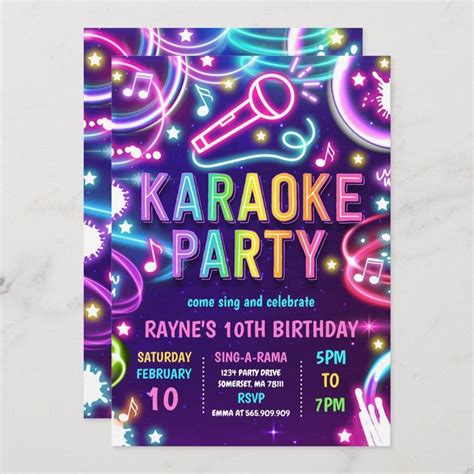 Neon Glow Karaoke Singing Music Birthday Party Invitation Zazzle Music Birthday Party Music