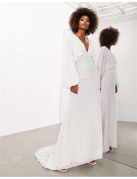 Asos Lennox Sequin Blouson Sleeve Wedding Dress With Train In Natural