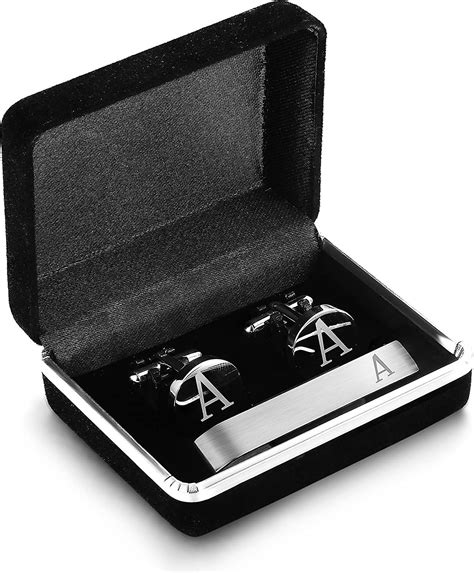 Stainless Steel Engraved Initial Cufflinks And Tie Clip Bar Set