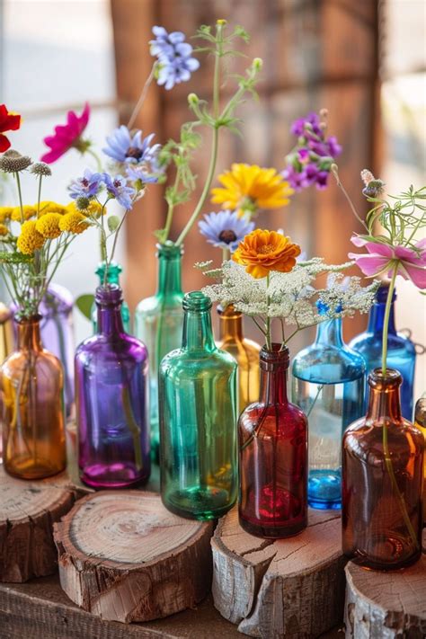 Boho Wedding Centerpiece With Colorful Glass Bottle Florals In