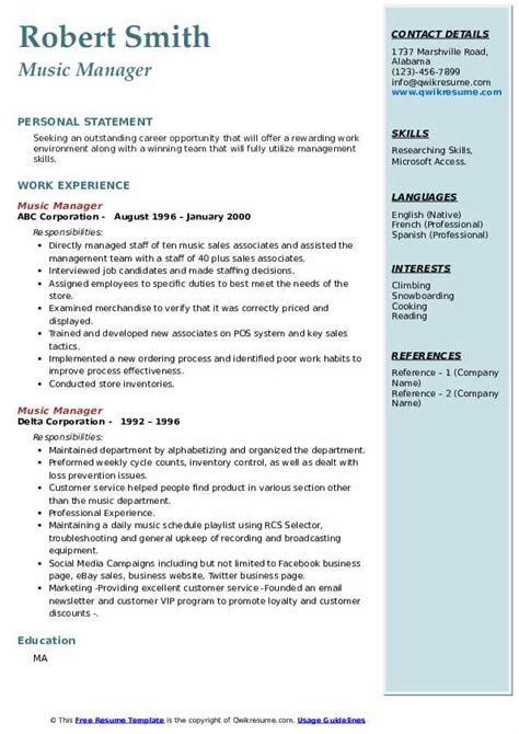 Music Manager Resume Samples Qwikresume