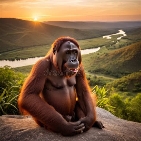 A Bald Orangutan Enjoys a Sunset View from a Hilltop with Rolling Hills ...