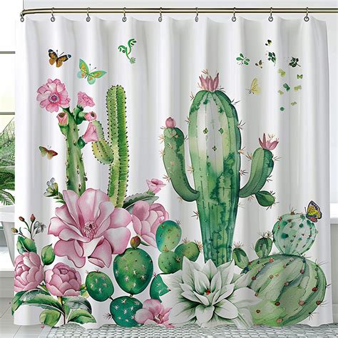 Watercolor Cactus And Flower Print Shower Curtain White Background Pink