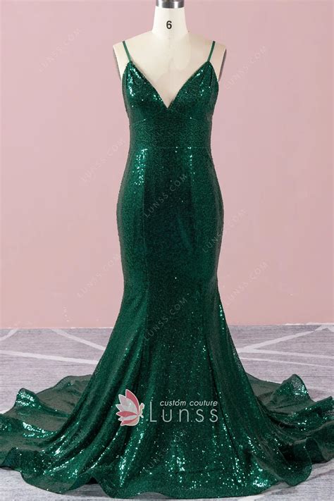 Sparkly Emerald Metallic Sequin Mermaid V Neck Prom Dress Lunss