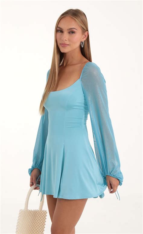 Mehi Glitter Mesh Puff Sleeve Dress In Blue LUCY IN THE SKY