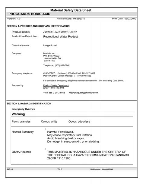 Material Safety Data Sheet Proguard® Boric Acid Warning