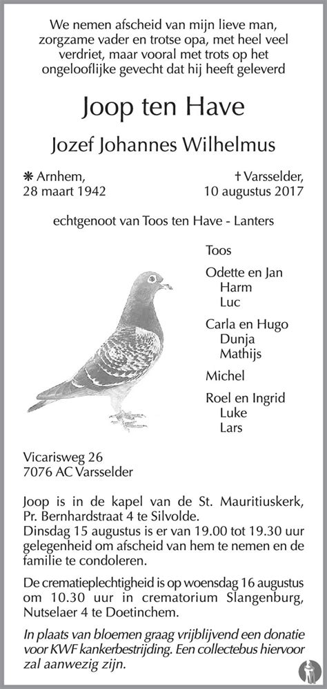 Jozef Johannes Wilhelmus Joop Ten Have 10 08 2017 Overlijdensbericht