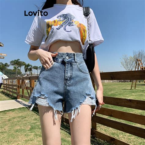 Lovito Short Jeans Feminino Casual Liso Rasgado LNE16248 Azul