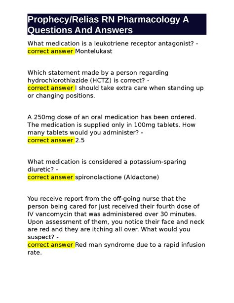 Prophecy Relias RN Pharmacology A Medication Questions And Answers