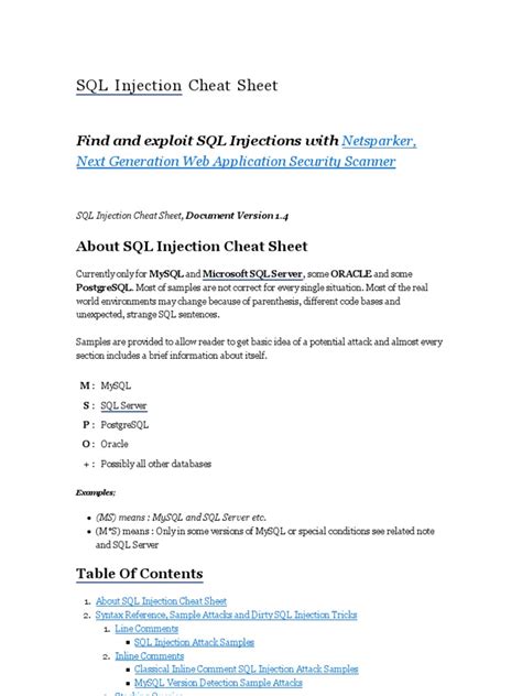 Sql Injection Cheat Sheet Pdf Microsoft Sql Server Sql