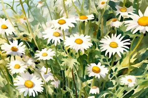 Painting Of A Bunch Of Daisies In A Field With A Blue Sky In The