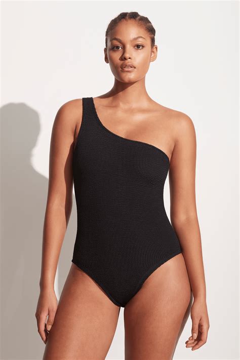 Hunza G Nancy One Shoulder One Piece Seersucker Swimsuit In Black