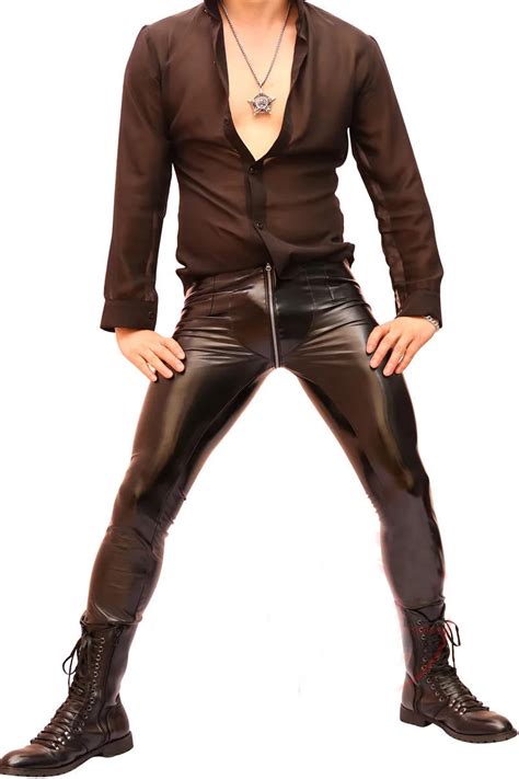 Men Super Sexy Faux Leather Pants Tights Slim Fit Trousers Zip Crotch