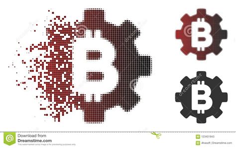 Damaged Pixel Halftone Bitcoin Development Gear Icon Stock Vector