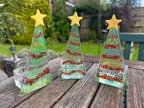 Set Of 3 Colourful Christmas Tree Tea Light Holders Fused Etsy